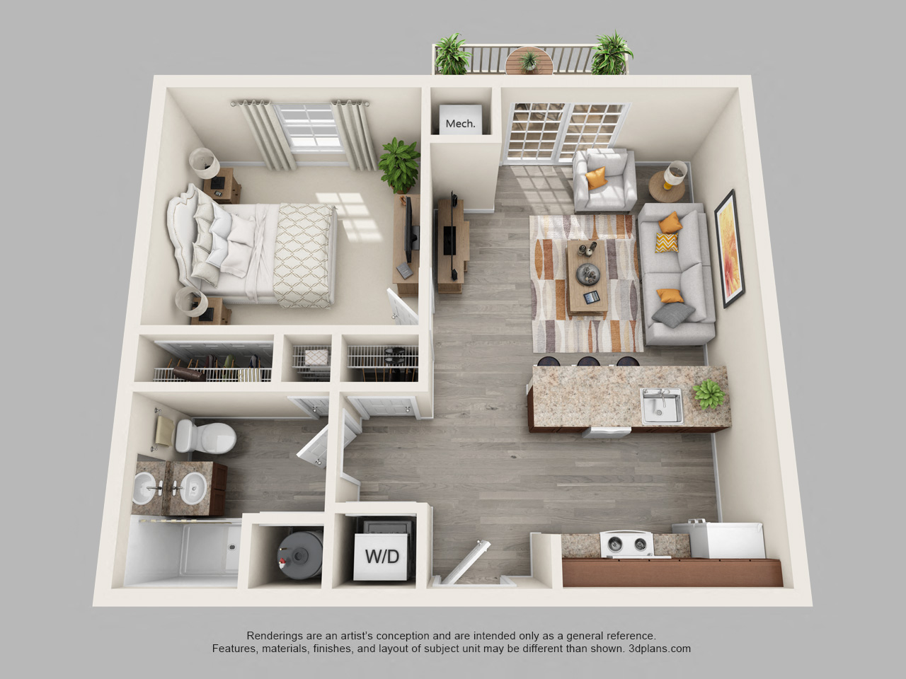 Floor plan for 1 bed, 1 bath, 713 sqft